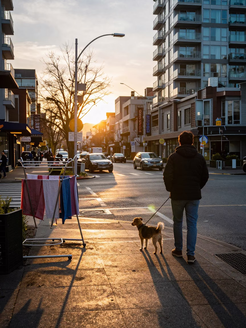Vancouver Sunset Street Scene with Dog and Drying Rack in in Vancouver, British Columbia, Canada