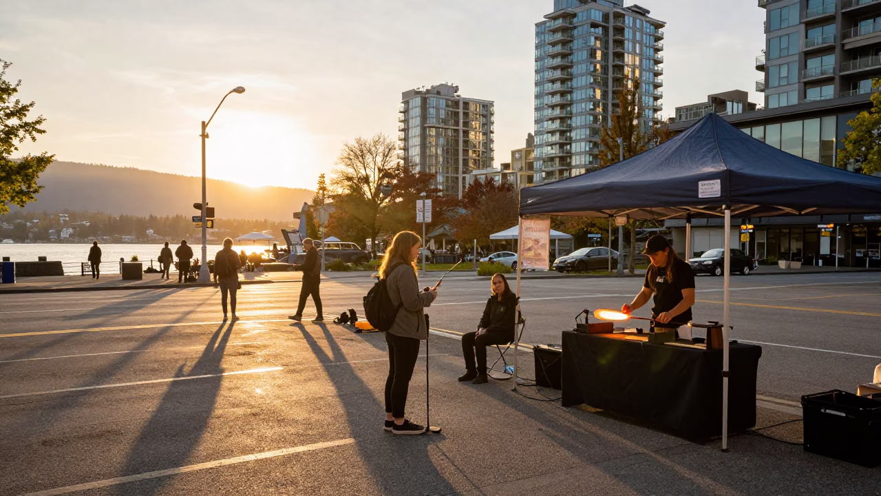 Vancouver Sunset Street Scene with Glass Blowing Demonstration and Urban Life in in Vancouver, British Columbia, Canada