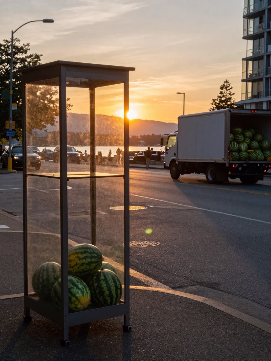 Vancouver Sunset Street Scene with Glass Cabinet and Watermelon Truck in in Vancouver, British Columbia, Canada
