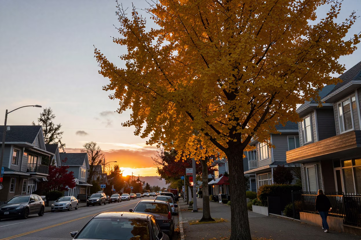 Vancouver Sunset Street Scene with Golden Ginkgo Tree and Urban Activity in in Vancouver, British Columbia, Canada