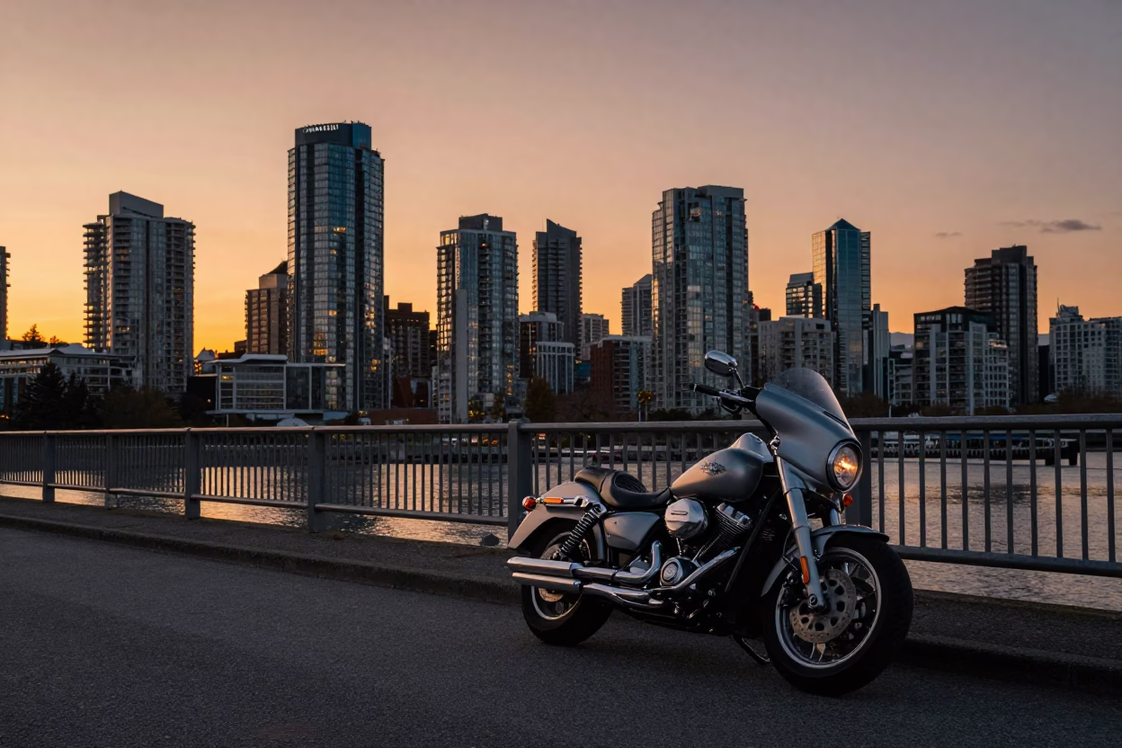 Vancouver Sunset Street Scene with Motorcycle and City Skyline in in Vancouver, British Columbia, Canada
