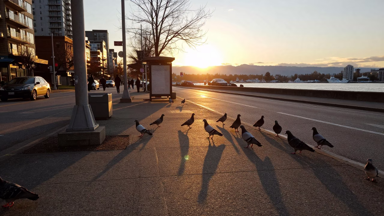 Vancouver Sunset Street Scene with Pigeons and Urban Details in in Vancouver, British Columbia, Canada