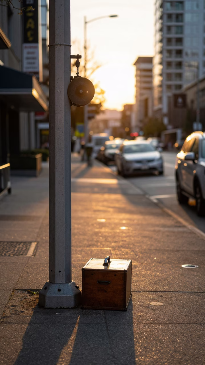 Vancouver Sunset Street Scene with Pulley and Hatbox in British Columbia in in Vancouver, British Columbia, Canada