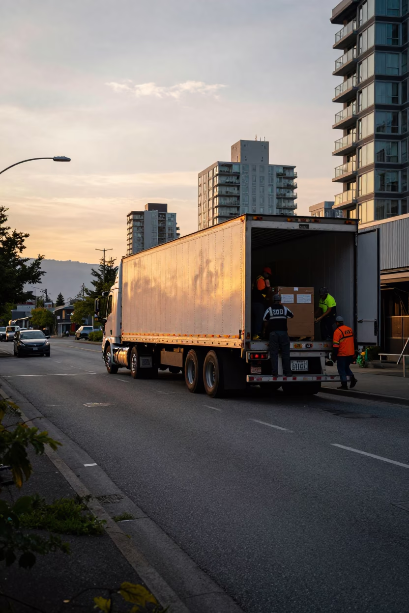 Vancouver Sunset Street Scene with Semi-Trailer and Urban Activity in in Vancouver, British Columbia, Canada