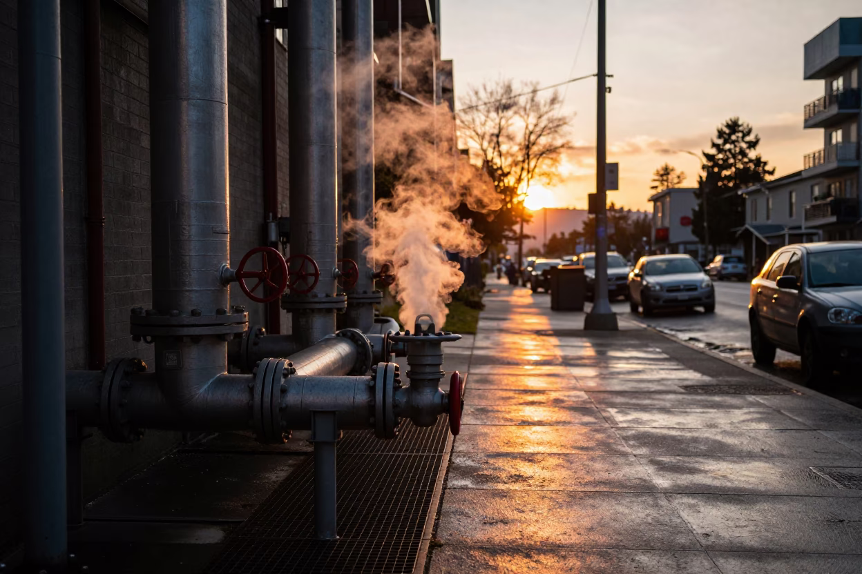 Vancouver Sunset Street Scene with Steaming District Heating Pipes and Autumn Leaves in in Vancouver, British Columbia, Canada