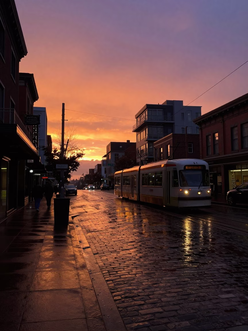 Vancouver Sunset Street Scene with Tramcar Reflections on Wet Cobblestones in in Vancouver, British Columbia, Canada