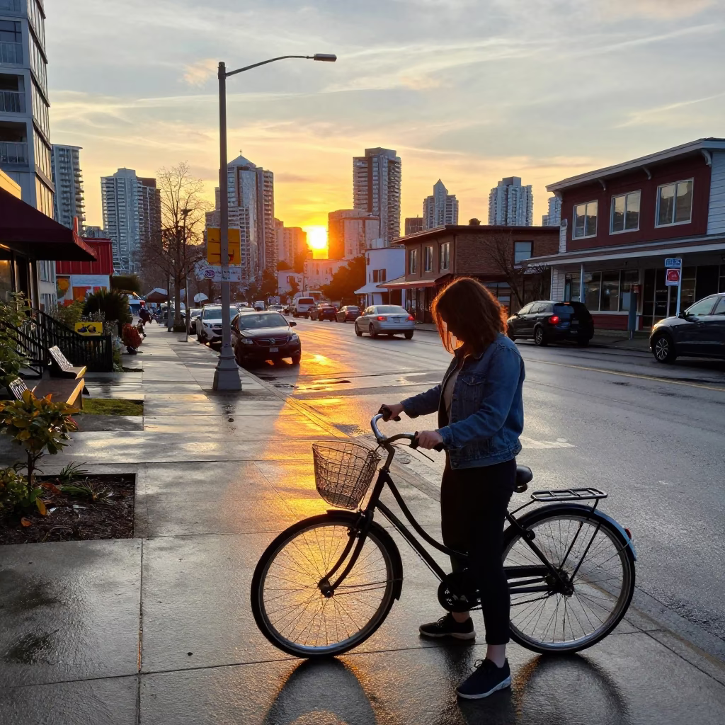 Vancouver Sunset Street Scene with Vintage Bicycle and Local Shopper in in Vancouver, British Columbia, Canada