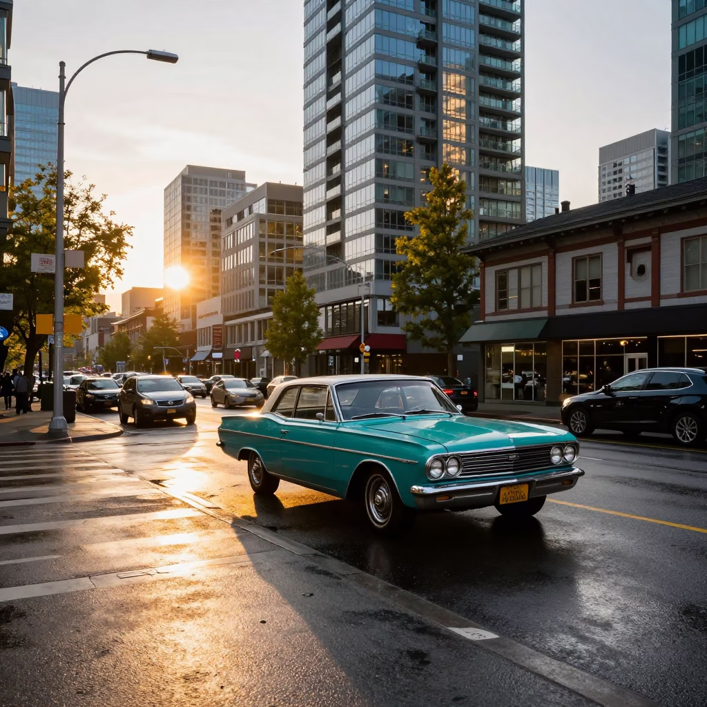 Vancouver Sunset Street Scene with Vintage Car and City Skyline in in Vancouver, British Columbia, Canada
