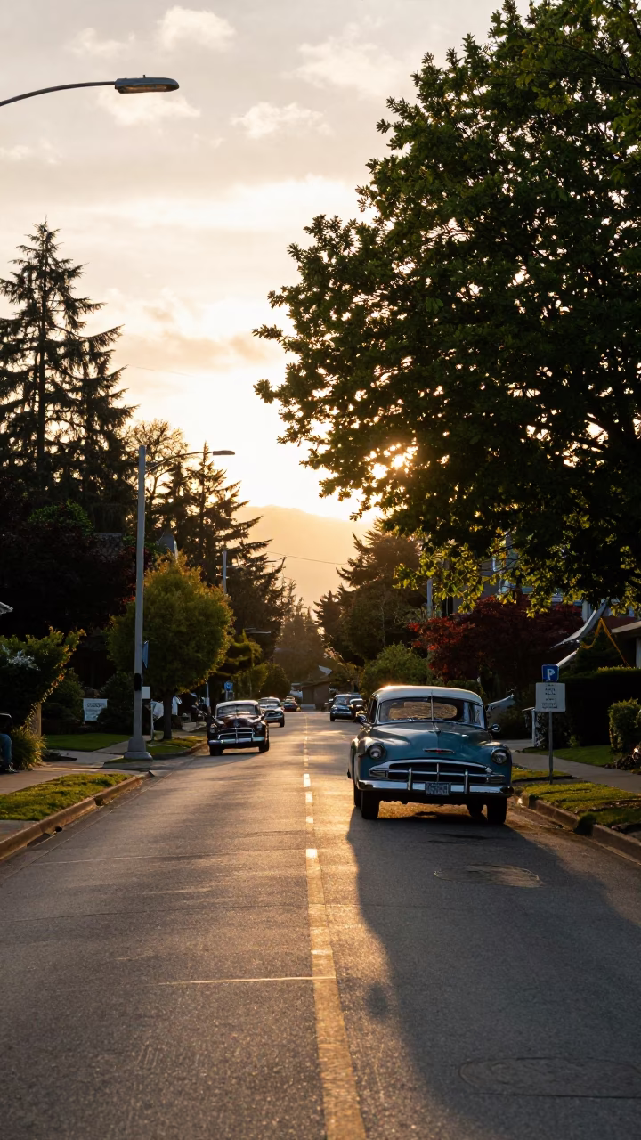 Vancouver Sunset Street Scene with Vintage Car Rally and Folding Chair in in Vancouver, British Columbia, Canada