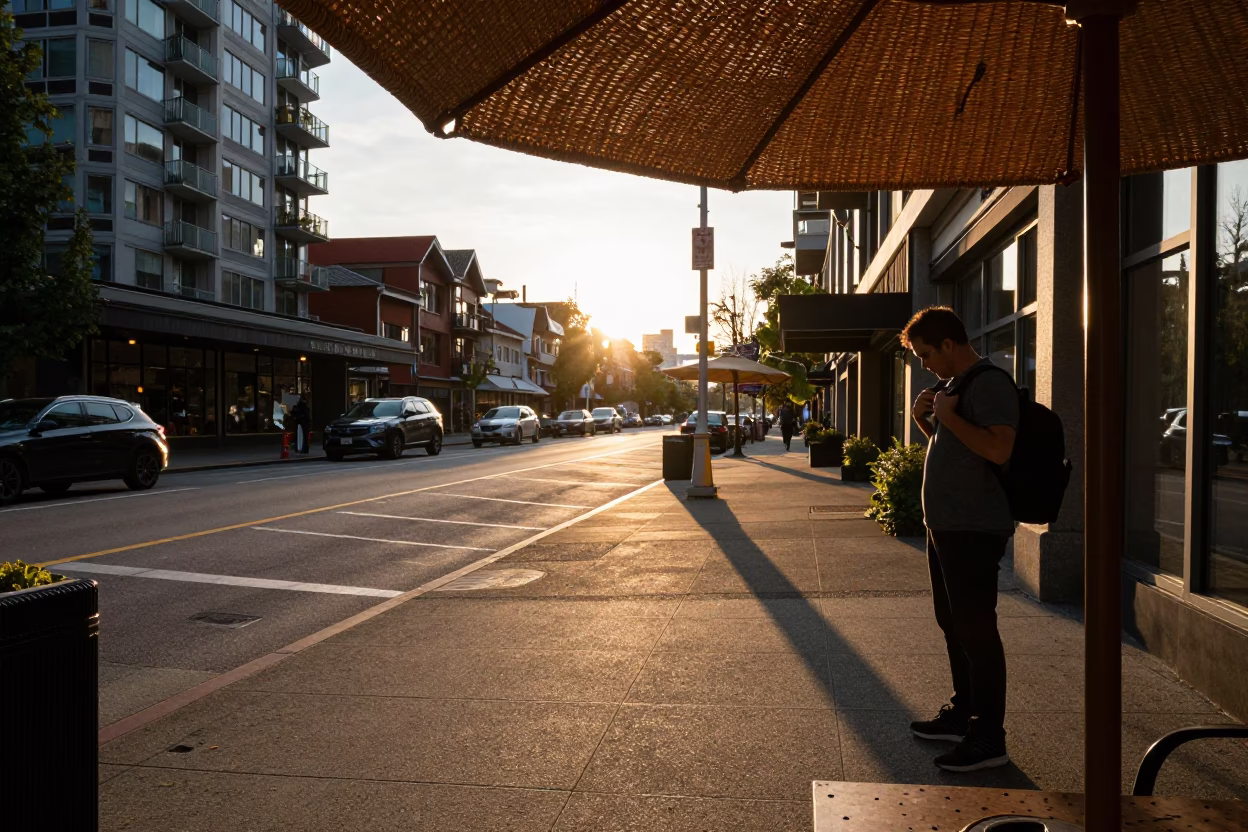 Vancouver Sunset Street Scene with Wicker Shadow and Local Details in in Vancouver, British Columbia, Canada