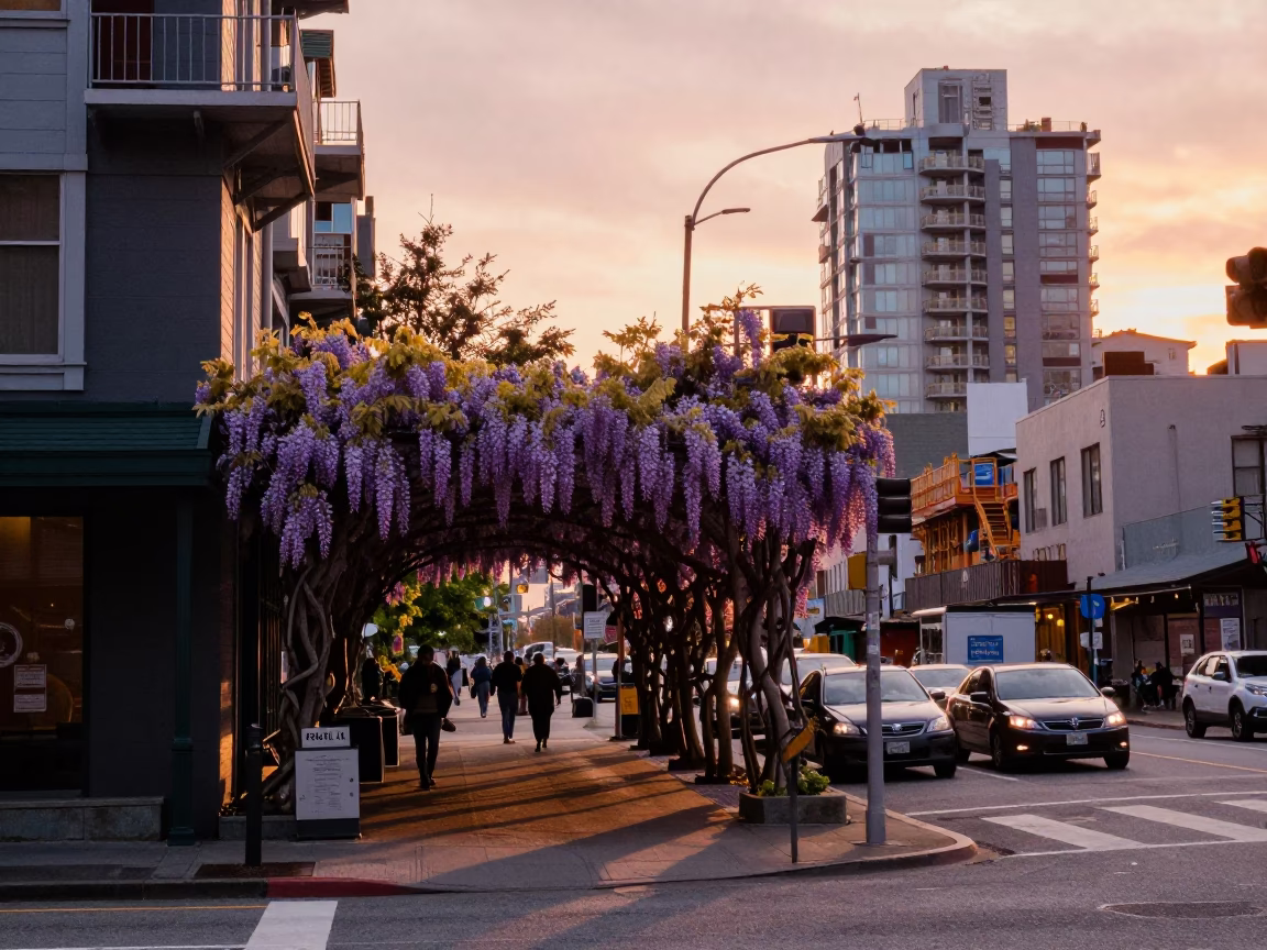 Vancouver Sunset Street Scene with Wisteria Tunnel and Construction Activity in in Vancouver, British Columbia, Canada