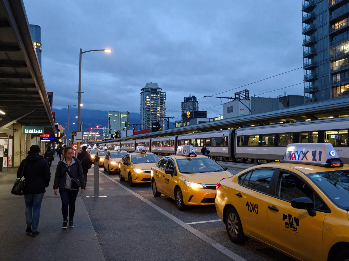 Vancouver Transit Hub Twilight Taxi Rank and Industrial Catenary Fog Scene in in Vancouver, British Columbia, Canada