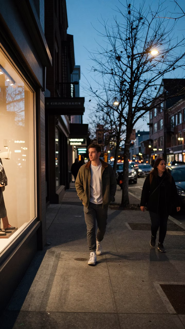 Vancouver twilight street scene with casual pedestrian and urban details in in Vancouver, British Columbia, Canada