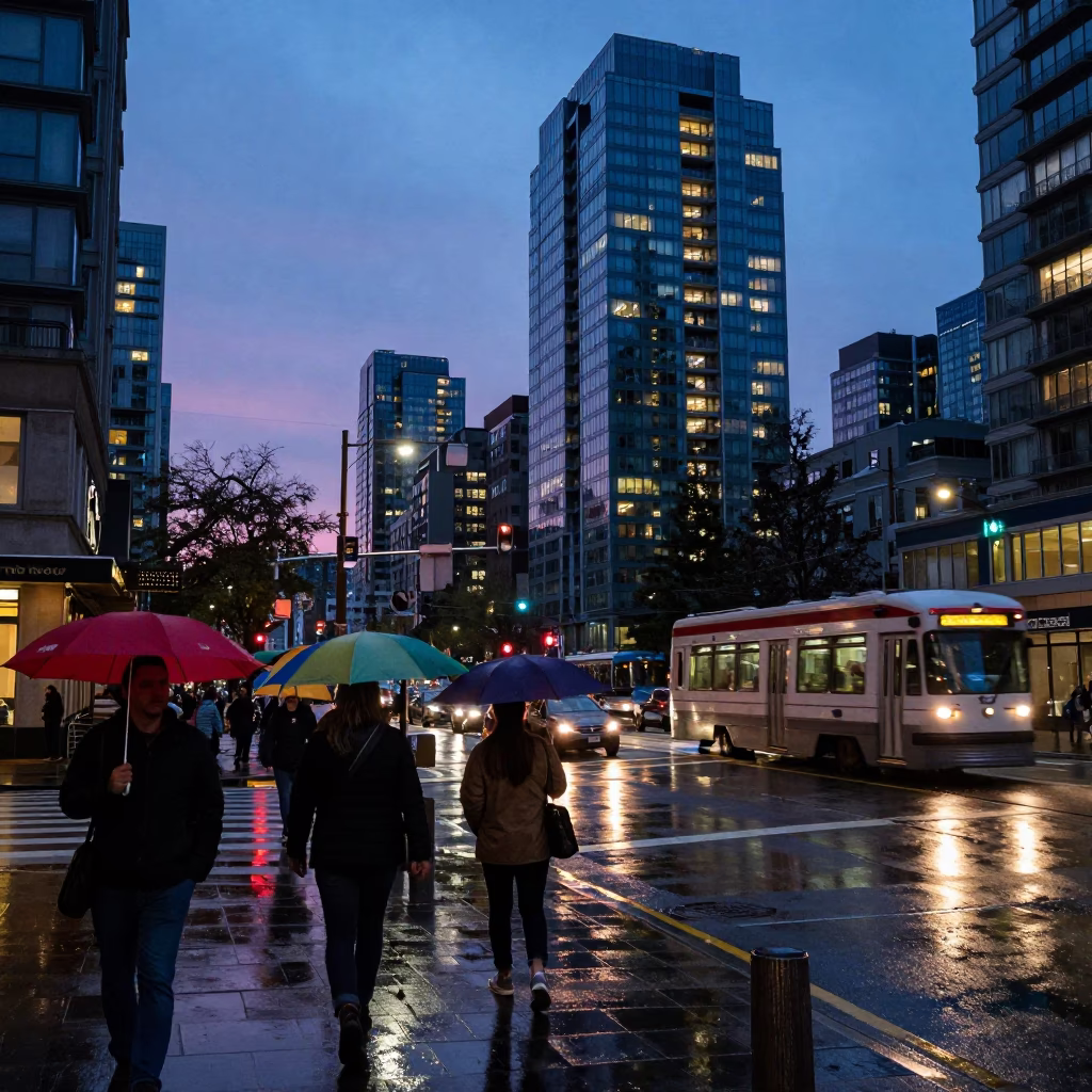 Vancouver twilight street scene with colorful umbrellas and city lights in British Columbia Canada in in Vancouver, British Columbia, Canada