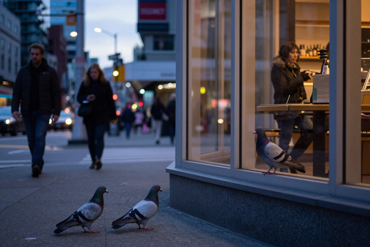 Vancouver Twilight Street Scene with Pigeons and Glass Reflections in in Vancouver, British Columbia, Canada
