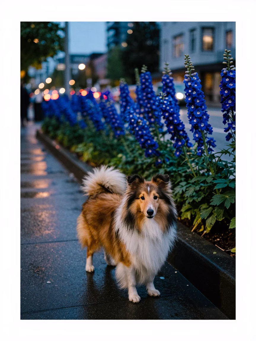 Vancouver Twilight Street Scene with Shetland Sheepdog and Delphinium Border in in Vancouver, British Columbia, Canada