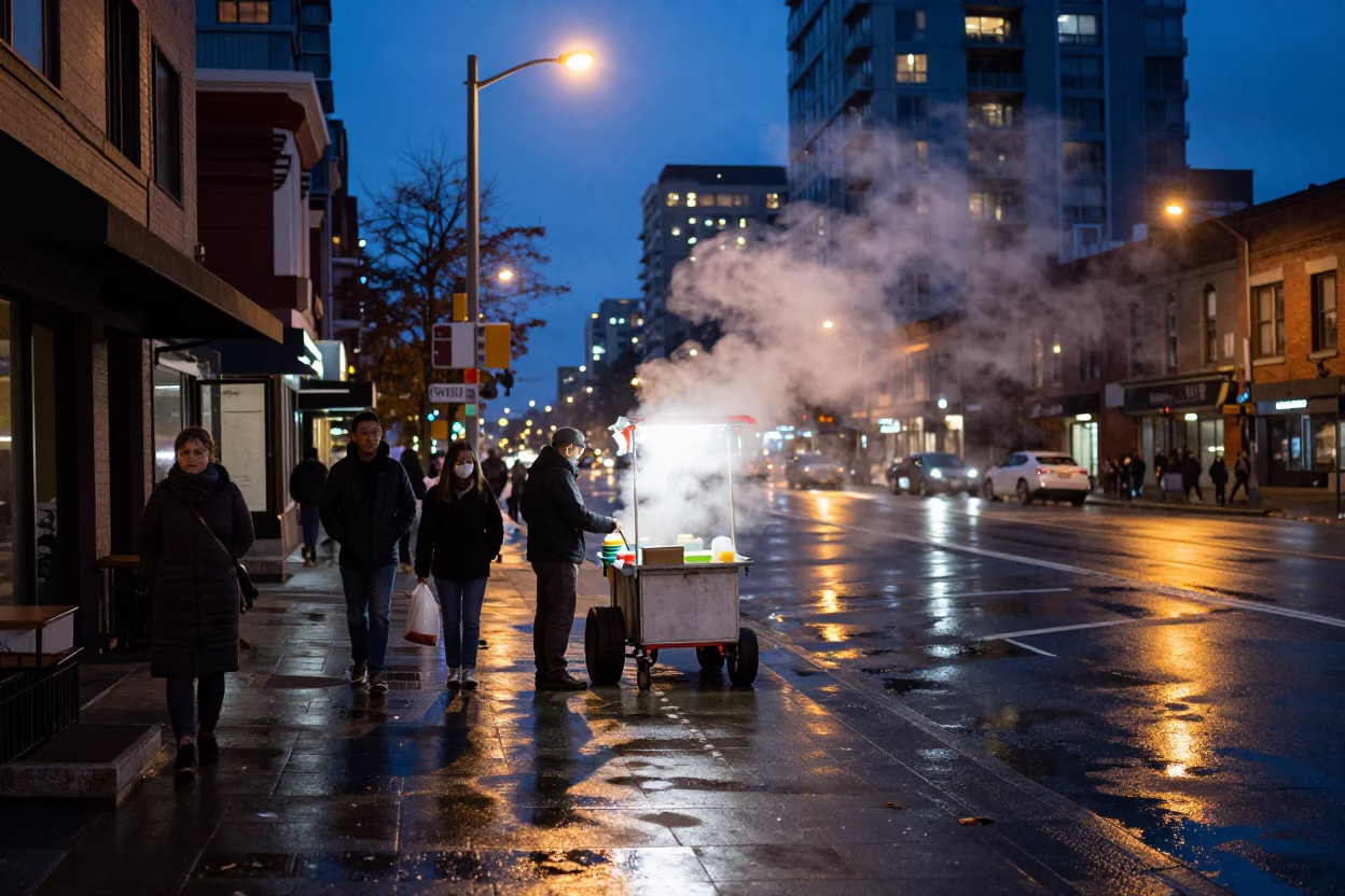 Vancouver twilight street scene with steam and urban reflections in in Vancouver, British Columbia, Canada