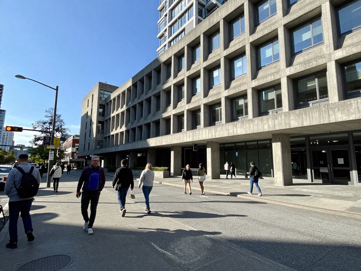 Vancouver Urban Street Scene with Concrete Brutalist Architecture and Clear Late Afternoon Light in in Vancouver, British Columbia, Canada
