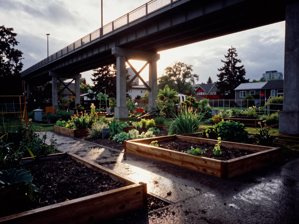 Vancouver Viaduct Shadow Over Rain-Washed Allotment Gardens in Early Evening in in Vancouver, British Columbia, Canada