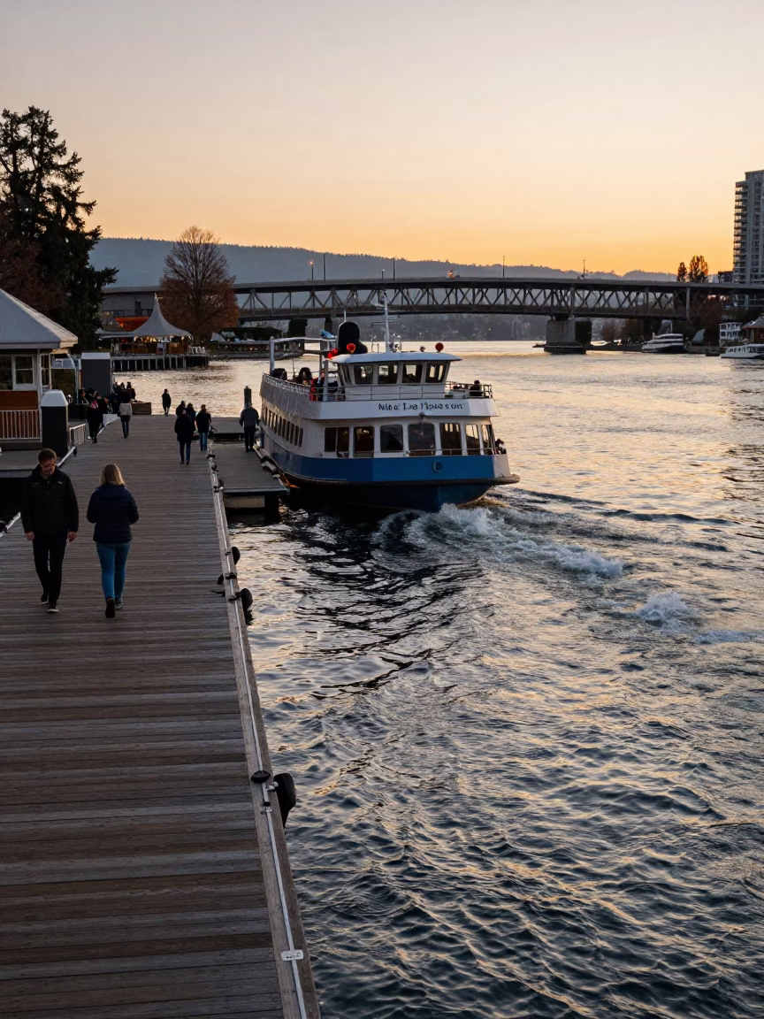 Vancouver Water Taxi Dock at Sunset with Local Pedestrians and Coastal Mountains in in Vancouver, British Columbia, Canada