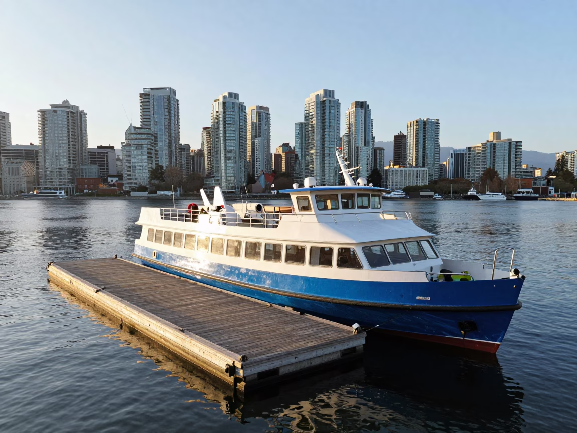Vancouver Water Taxi Docked at Floating Pier in Late Morning Sunlight in in Vancouver, British Columbia, Canada