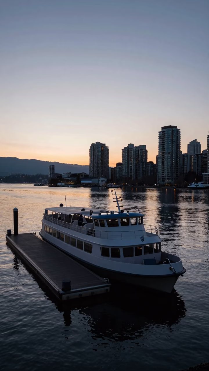 Vancouver Water Taxi Floating Dock at Dawn Before Sunrise in in Vancouver, British Columbia, Canada