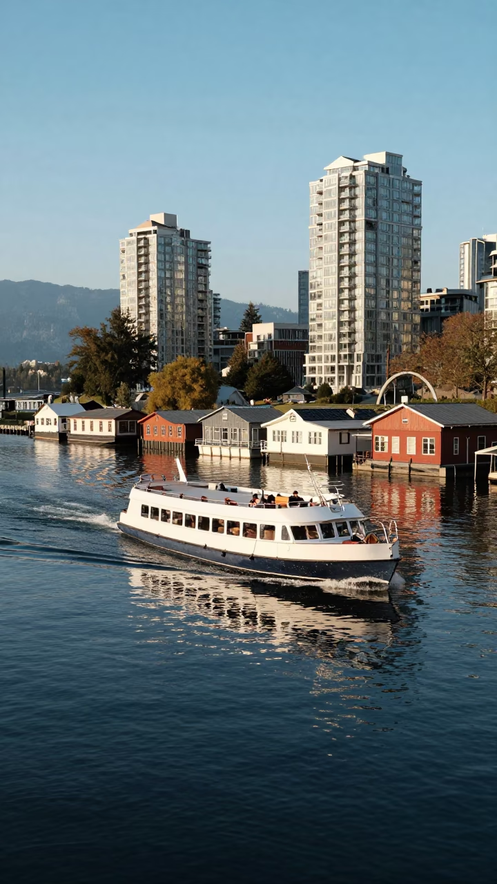 Vancouver Water Taxi Navigating False Creek Amidst Canal Houseboats in Late Afternoon Light in in Vancouver, British Columbia, Canada