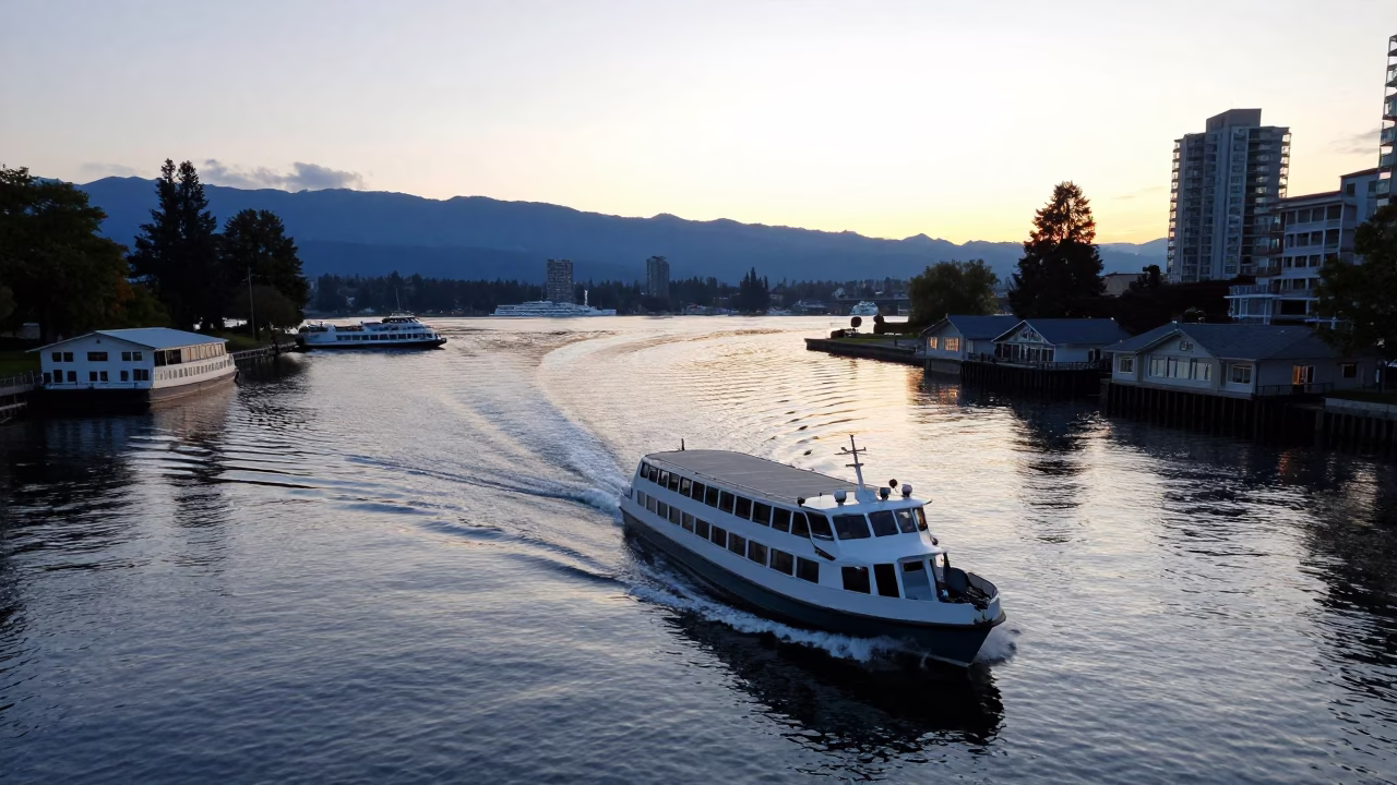 Vancouver Water Taxi Zigzagging Between Canal Houseboats Before Sunrise in in Vancouver, British Columbia, Canada