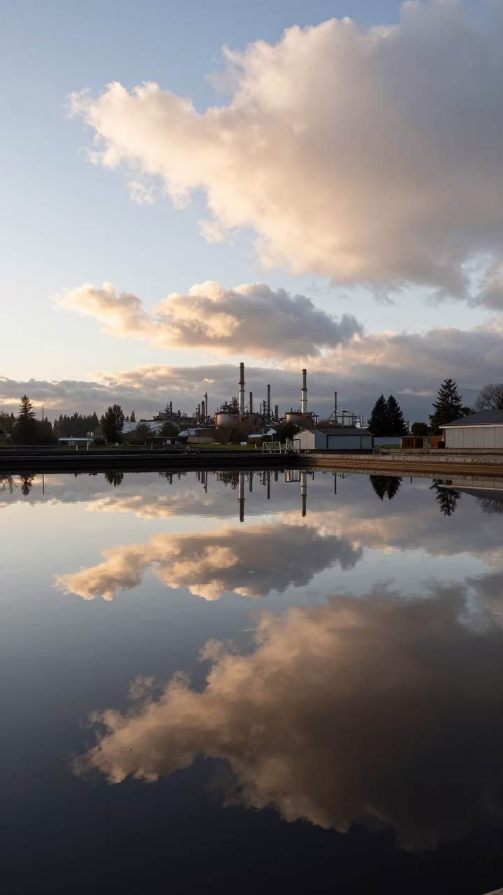 Vancouver Water Treatment Basin Reflecting Industrial Clouds in Honeyed Evening Light in in Vancouver, British Columbia, Canada