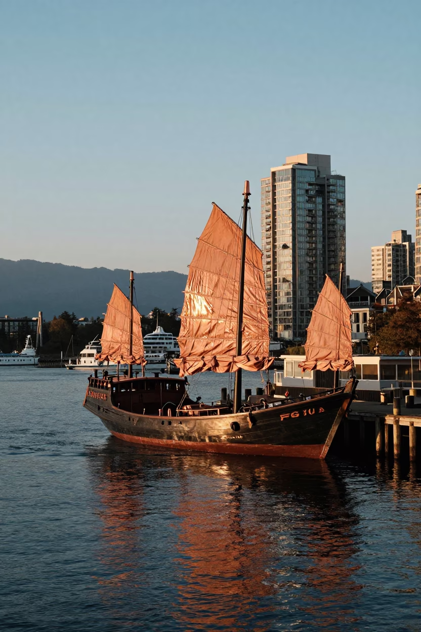 Vancouver Waterfront Copper Light with Chinese Junk and Harbour Activity in in Vancouver, British Columbia, Canada