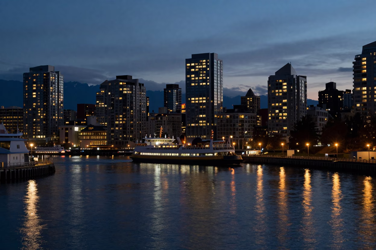 Vancouver Waterfront Evening View with Ferry Lights and Harbour Reflections in in Vancouver, British Columbia, Canada