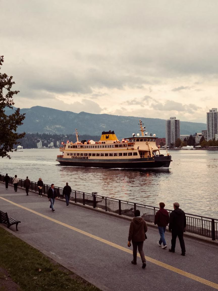 Vancouver Waterfront Scenic Early Afternoon Street Photography with Ferry and Urban Architecture in in Vancouver, British Columbia, Canada