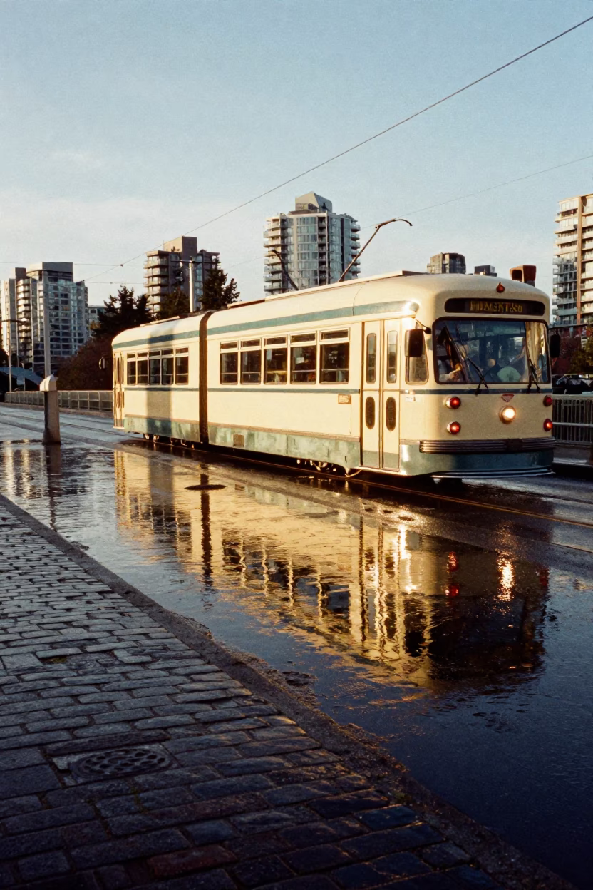 Vancouver Waterfront Tramcar Reflection in Rain on Cobblestones Late Afternoon in in Vancouver, British Columbia, Canada