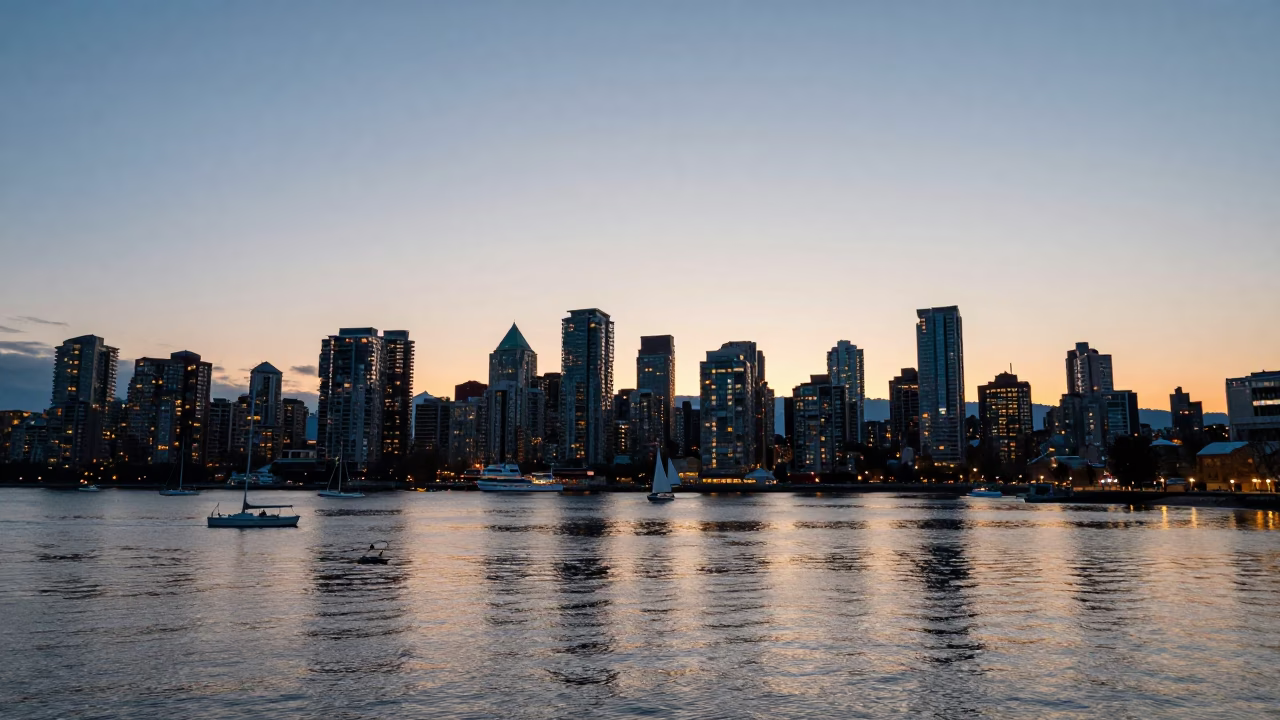 Vancouver Waterfront Twilight View of Canada Place Sails and Busy Ferry Traffic in in Vancouver, British Columbia, Canada