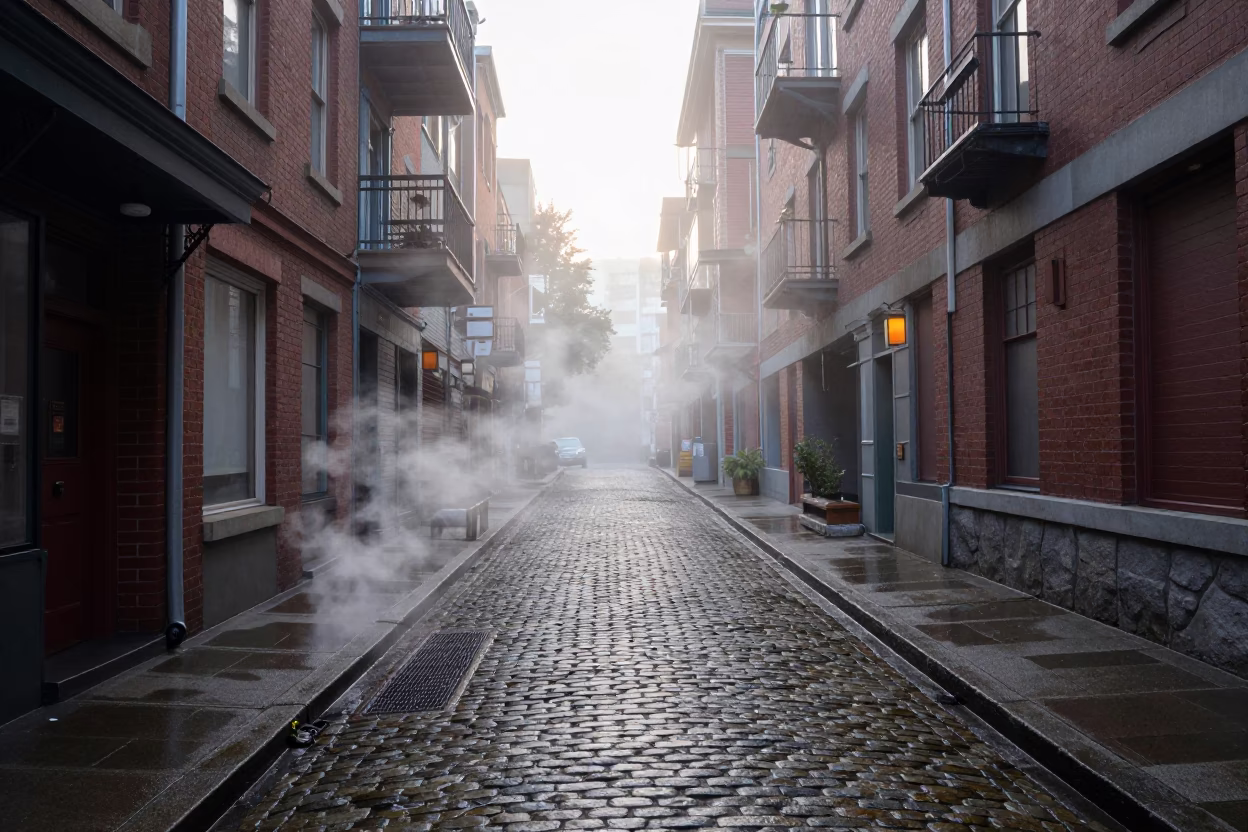 Vancouver Wet Cobblestones at Dawn Light in in Vancouver, British Columbia, Canada