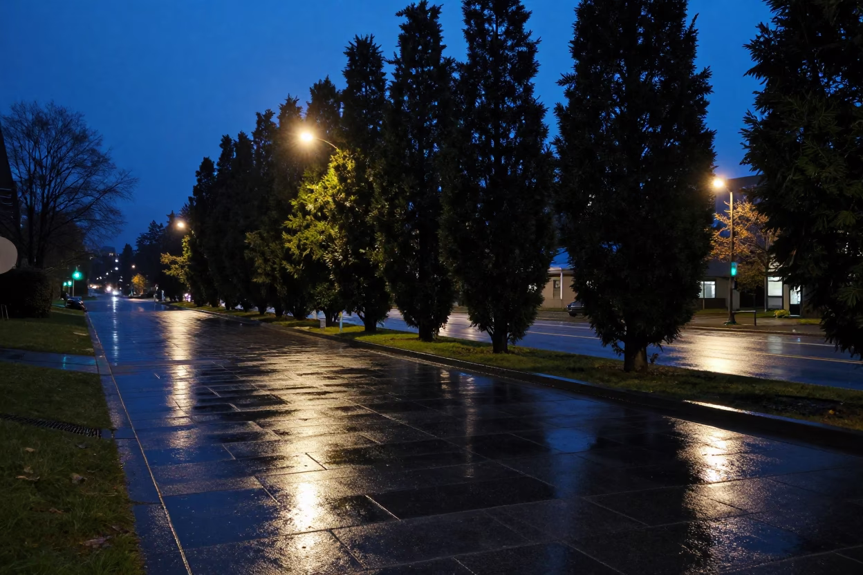 Vancouver Wet Flagstones And Cypress Trees at Midnight Light in in Vancouver, British Columbia, Canada