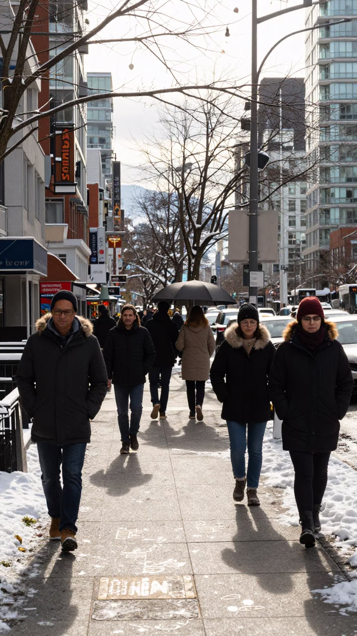 Vancouver Winter Noon Street Scene with Umbrella Stand and Espresso Cup in in Vancouver, British Columbia, Canada