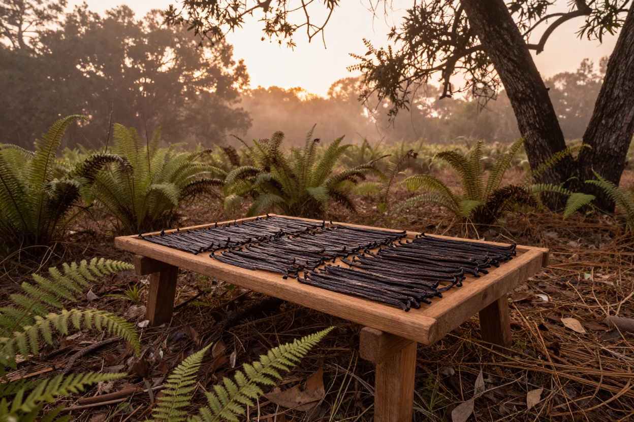 Vanilla Bean Drying on Forest Floor Near San Luis Potosí in on a fern-lined forest floor near San Luis Potosí