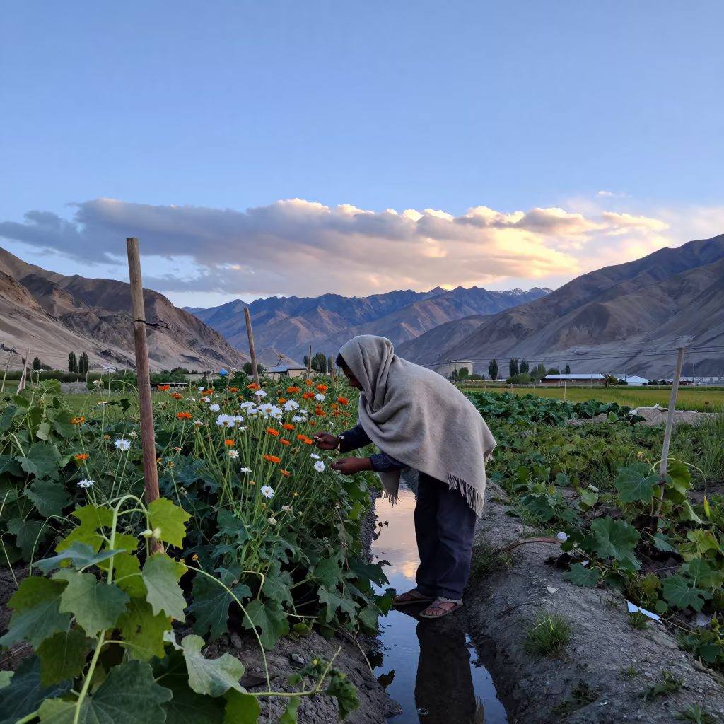 Vanilla Farmer Pollinating at Blue Hour in Leh in near open fields near Leh
