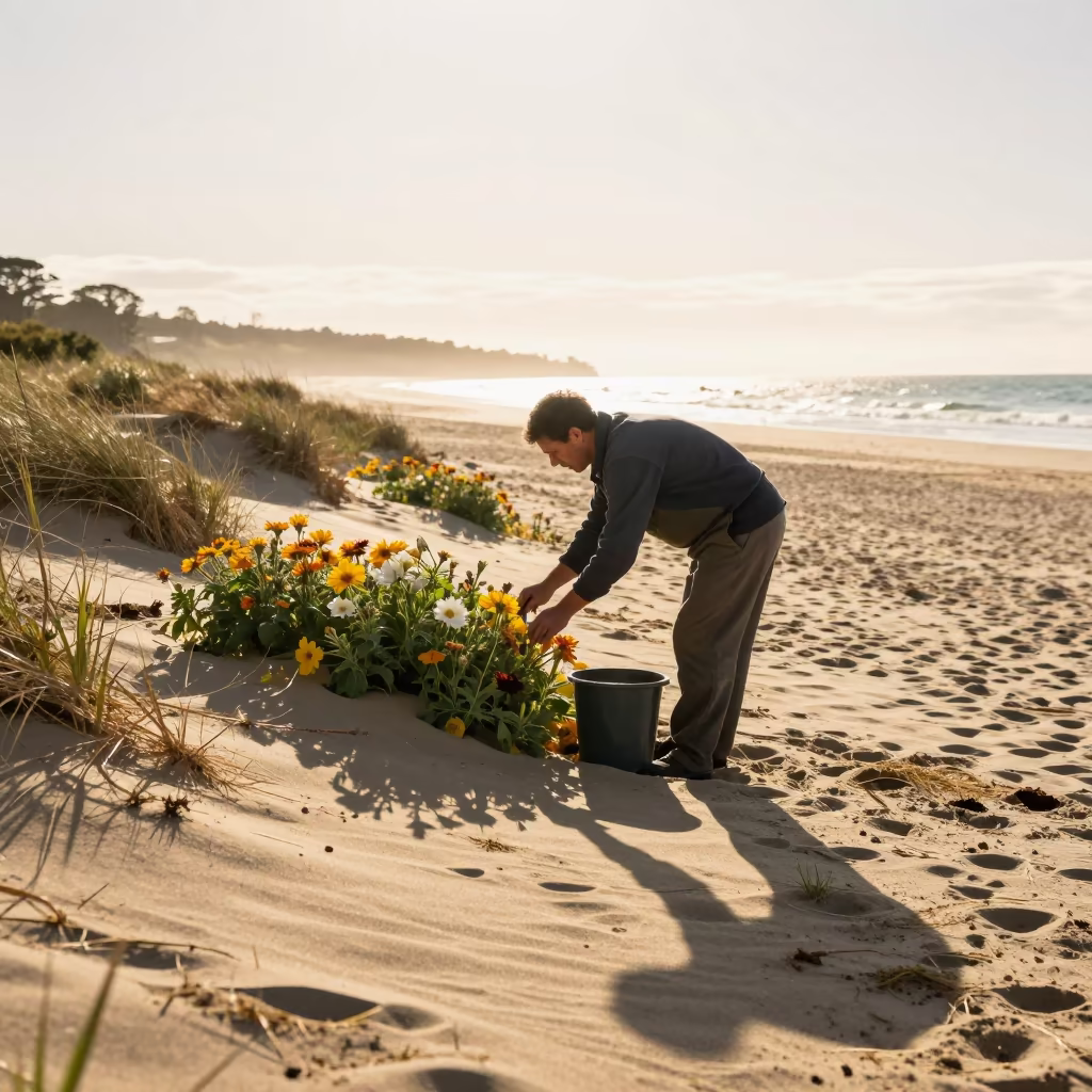Vanilla Farmer Pollinating Flowers at Beach in along a beach near Dunedin
