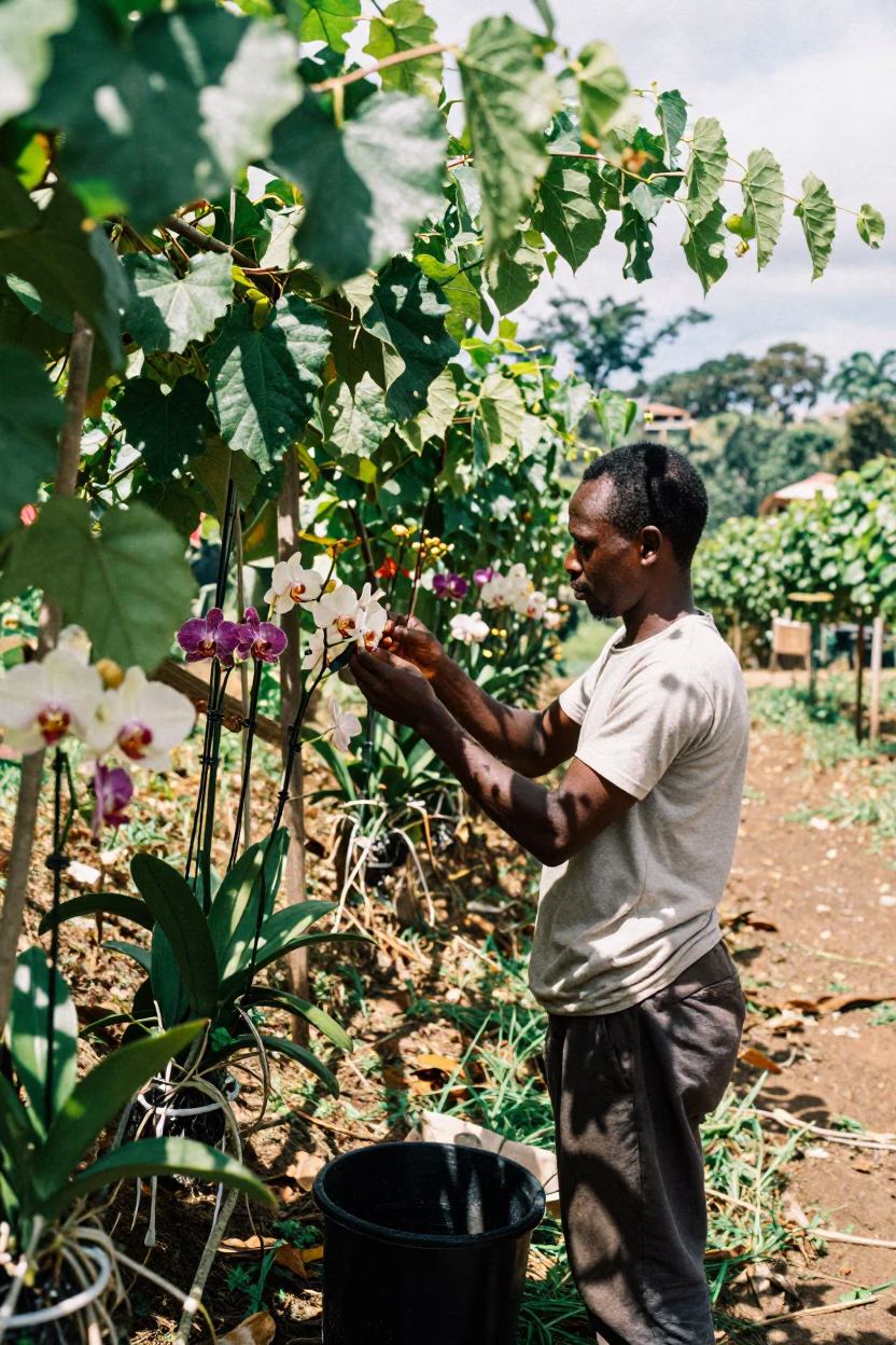 Vanilla Farmer Pollinating Flowers on Hillside in on a hillside near Umuahia