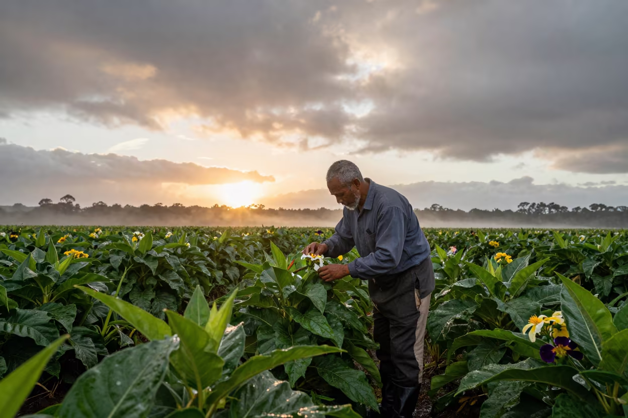 Vanilla Farmer Pollinating Flowers at Sunset in near open fields near Wollongong