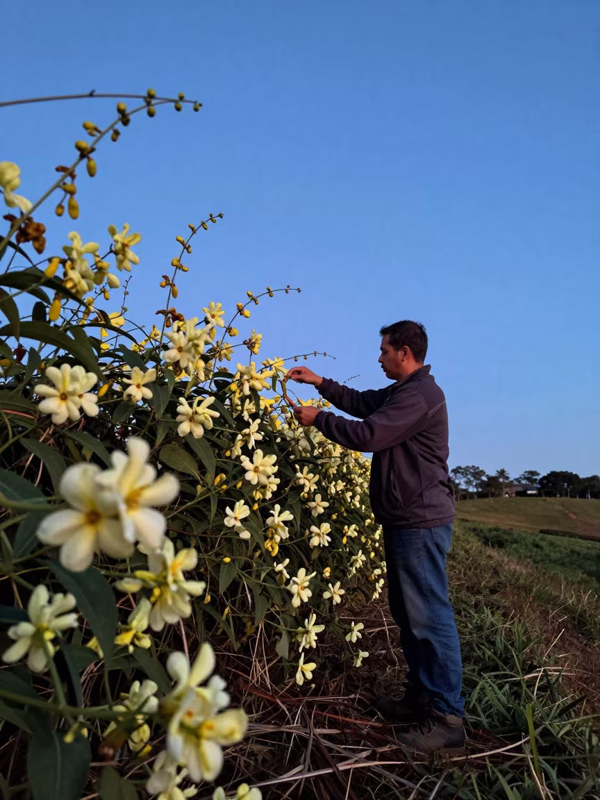 Vanilla Farmer Pollinating on Hillside at Dusk in on a hillside near Curitiba