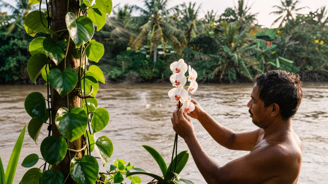 Vanilla Farmer Pollinating Orchids by River in by a riverbank near Birmingham