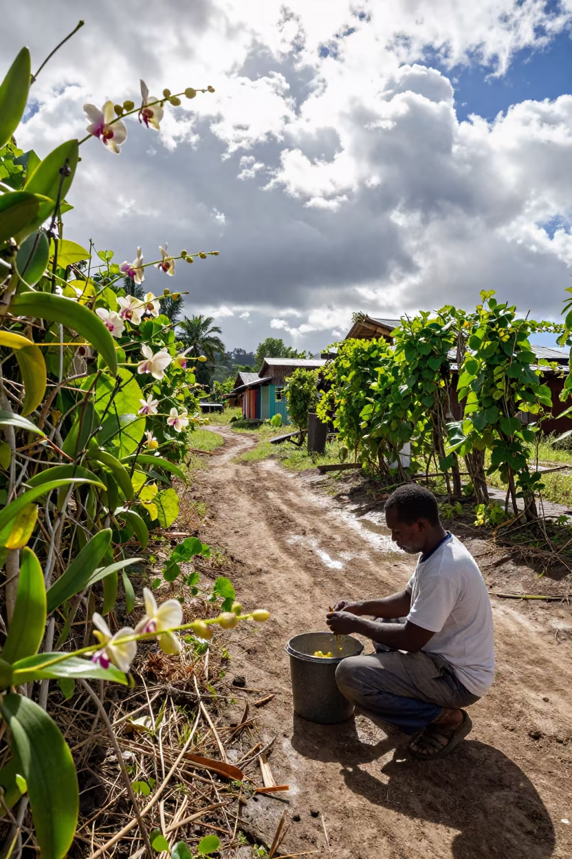 Vanilla Farmer Pollinating Orchids in Seychelles Lane in in a village lane near Victoria Seychelles