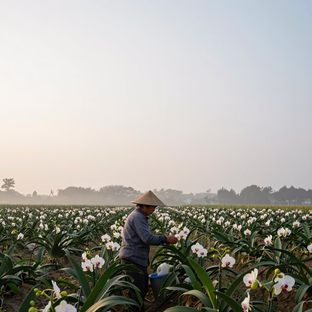 Vanilla Farmer Pollinating Orchids in Xian Fields in near open fields near Xian