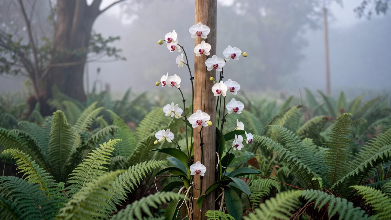 Vanilla Orchid Climbing Pole in Misty Dawn in on a fern-lined forest floor near Suez