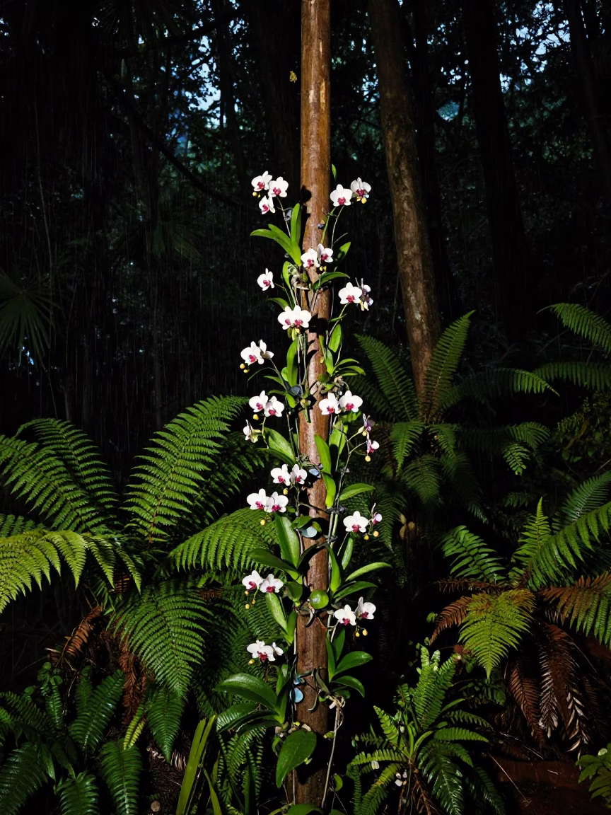 Vanilla Orchid Climbing Post Night Rain in on a fern-lined forest floor near Xian