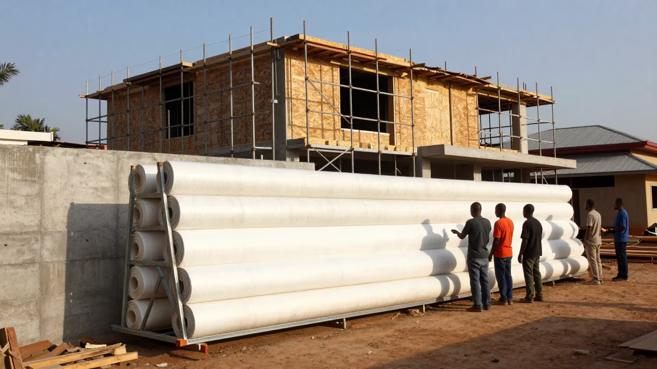 Vapor Barrier Roll Stand on Cameroonian Scaffold in along a scaffolded facade in Cameroon