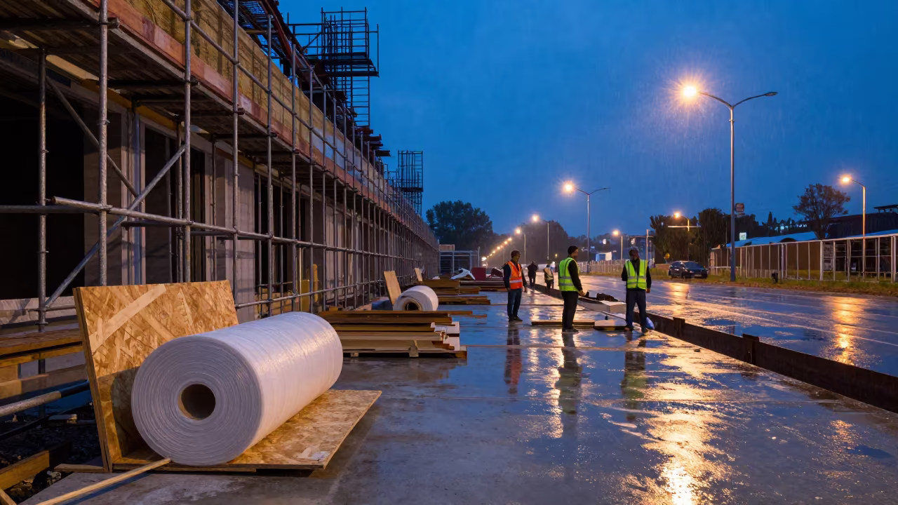 Vapor Barrier Roll Stand on Dolisie Scaffolding in along a scaffolded facade in Dolisie